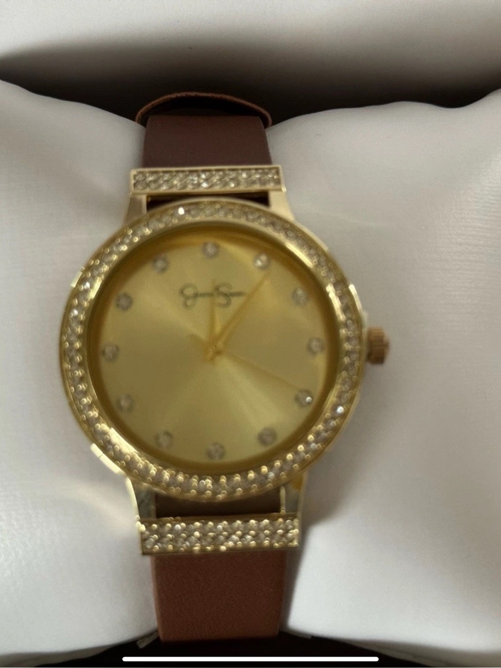 Jessica Simpson Gold Crystal Accent Watch with Brown Leather Strap